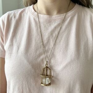 Vintage Style Birdcage Pendant with Raw Quartz Crystal